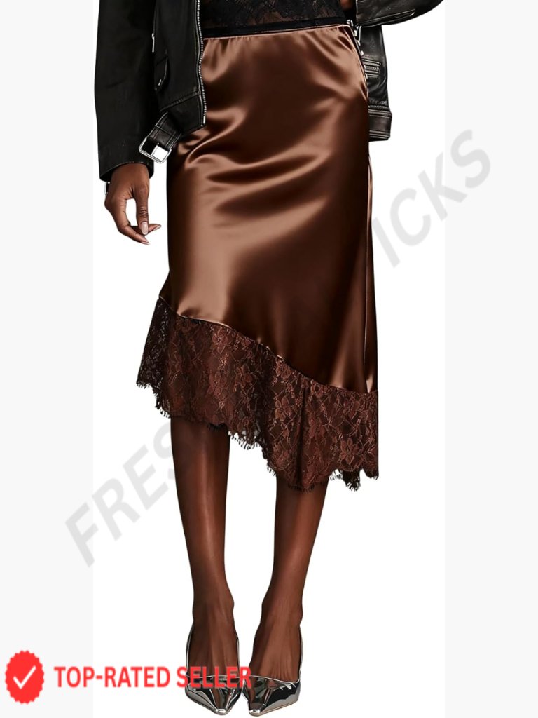 Satin Lace Trim Midi Skirt Asymmetrical Elegant Flowy A-Line Y2k Chic